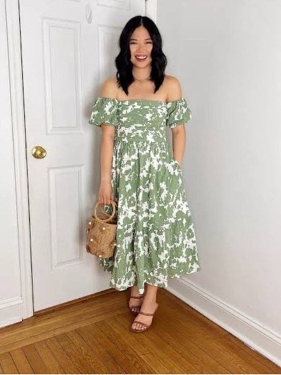 Abercrombie & Fitch Green Puff Sleeve Floral Midi Dress - Picture 2 of 7